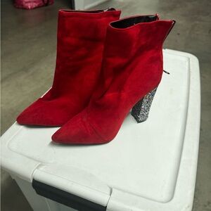 Red Suede Ankle Boots with Glitter Heel